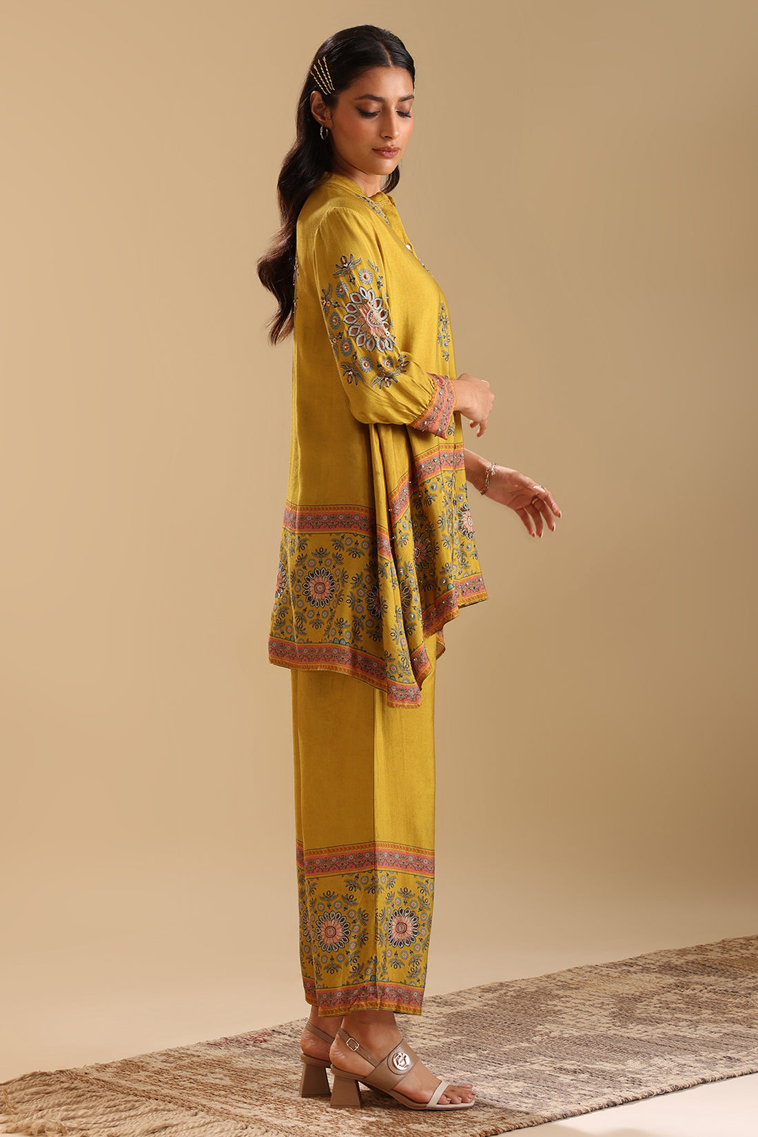 Eraya Yellow Embellished Co-Ord Set With Gathered Sleeves