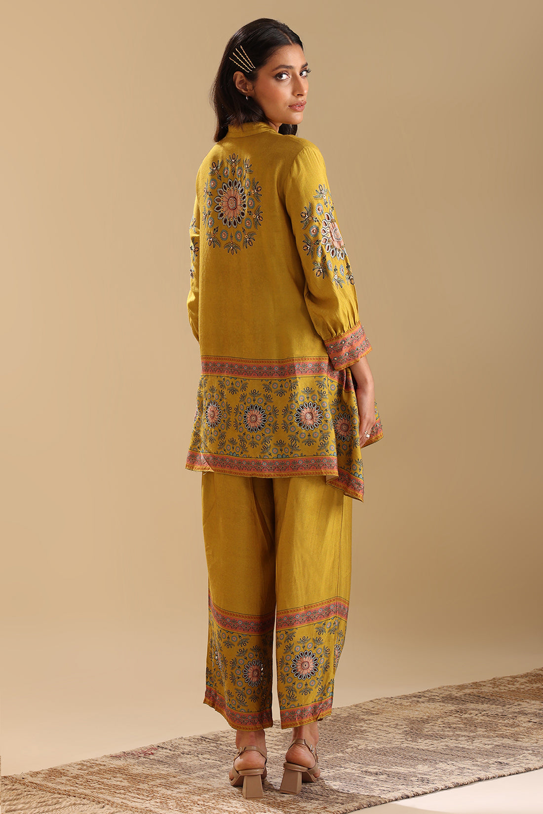 Eraya Yellow Embellished Co-Ord Set With Gathered Sleeves