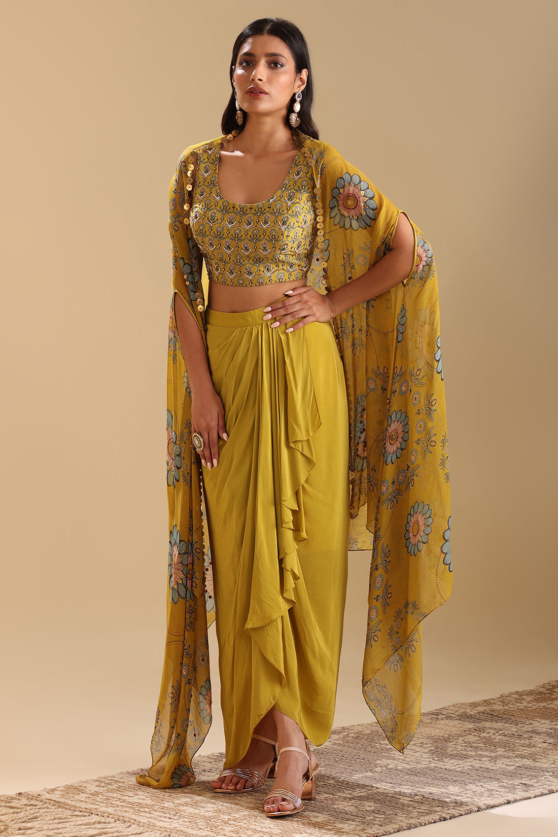 Eraya Embellished Drape Skirt Set With Cape