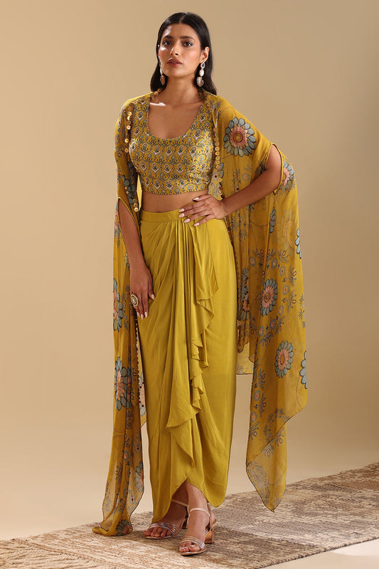 Eraya Embellished Drape Skirt Set With Cape