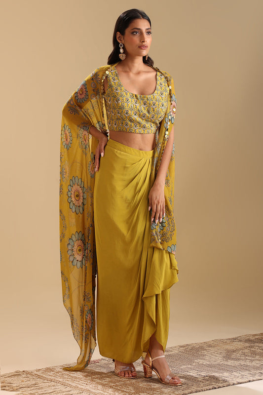 Eraya Embellished Drape Skirt Set With Cape