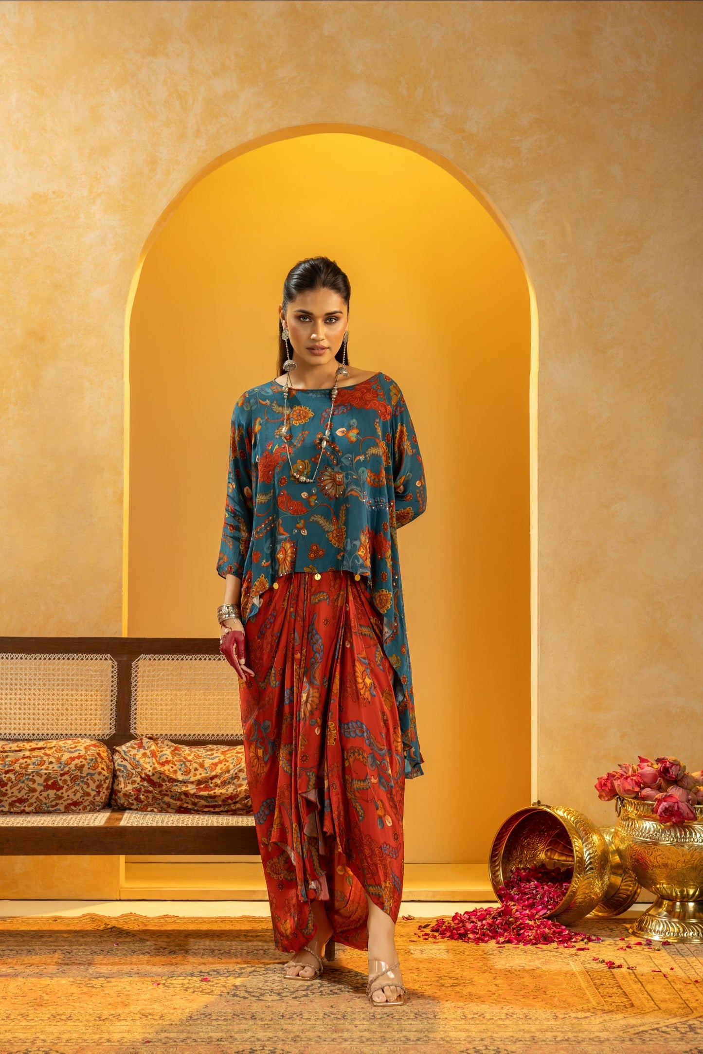 Rangtara embellished drape skirt set