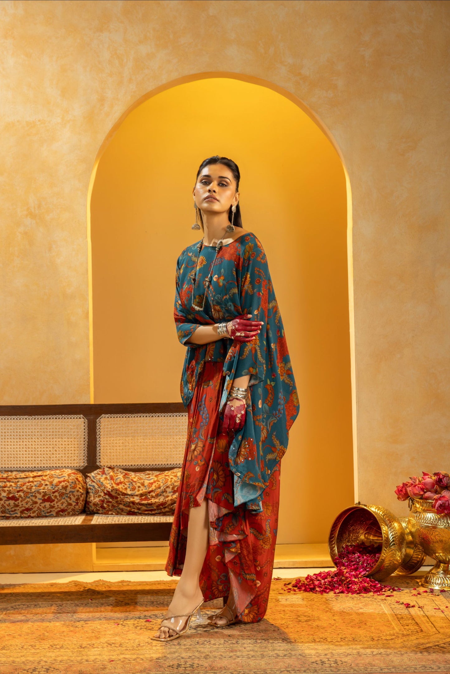 Rangtara embellished drape skirt set