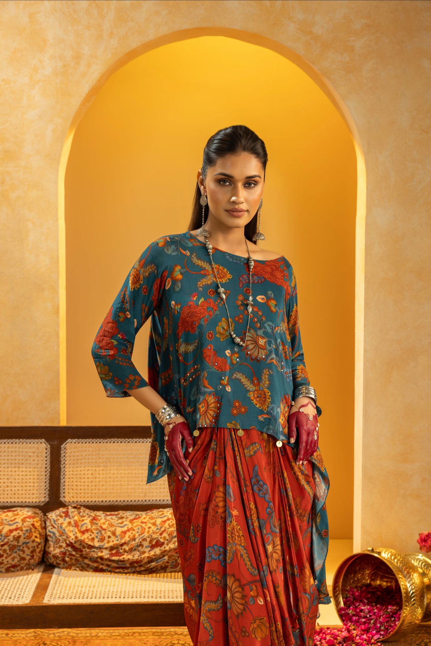 Rangtara embellished drape skirt set