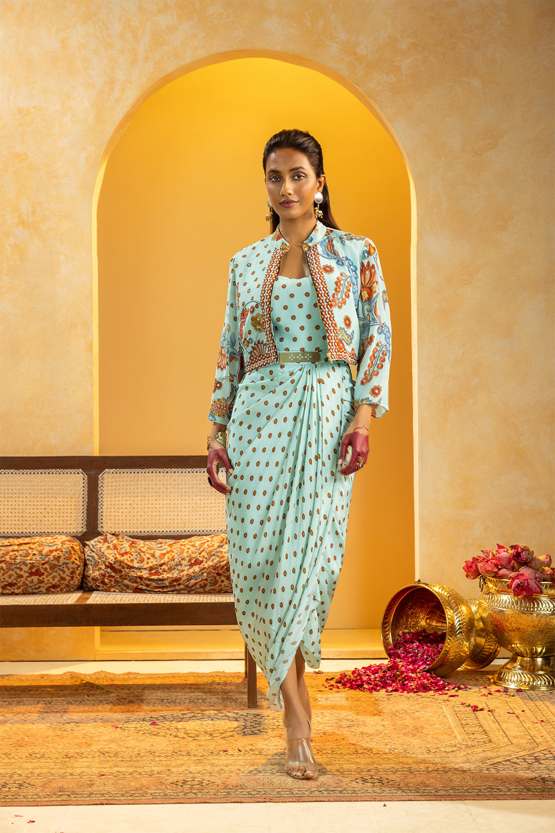 Rangtara embellished drape dress set