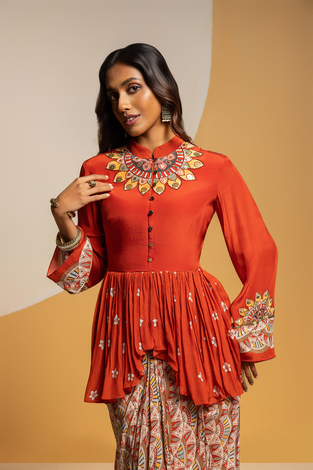 Taarani embellished drape skirt set