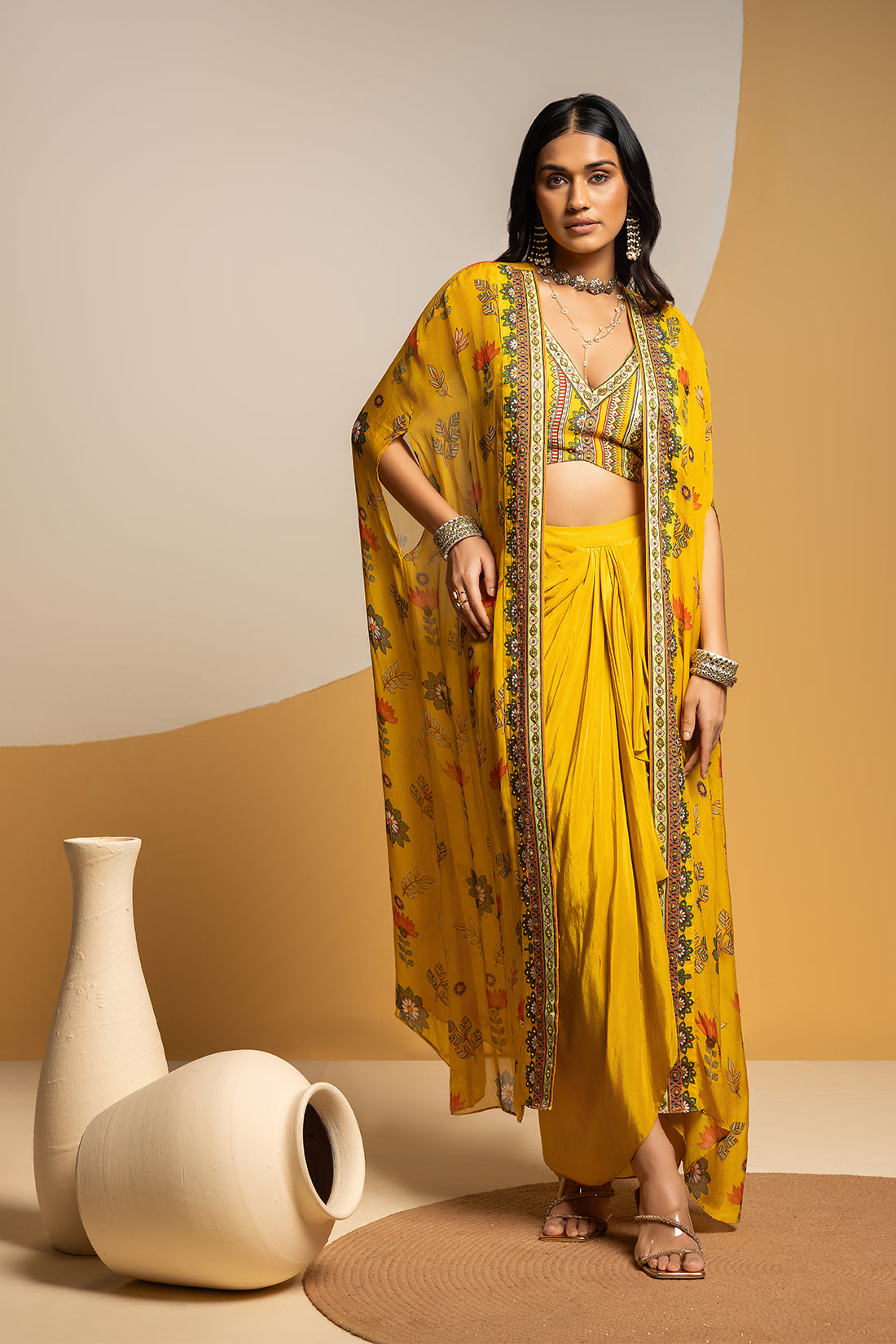 Taarani embellished  drape skirt  set with long cape