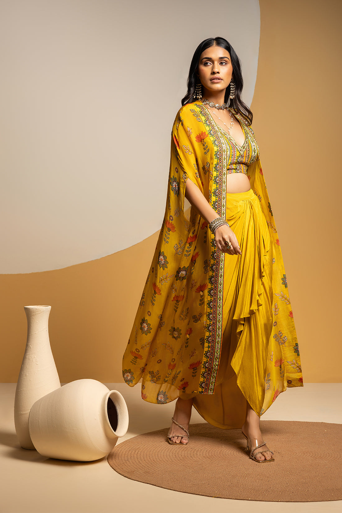 Taarani embellished  drape skirt  set with long cape