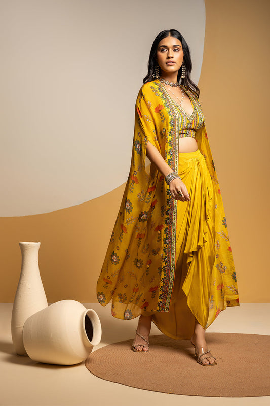 Taarani embellished  drape skirt  set with long cape