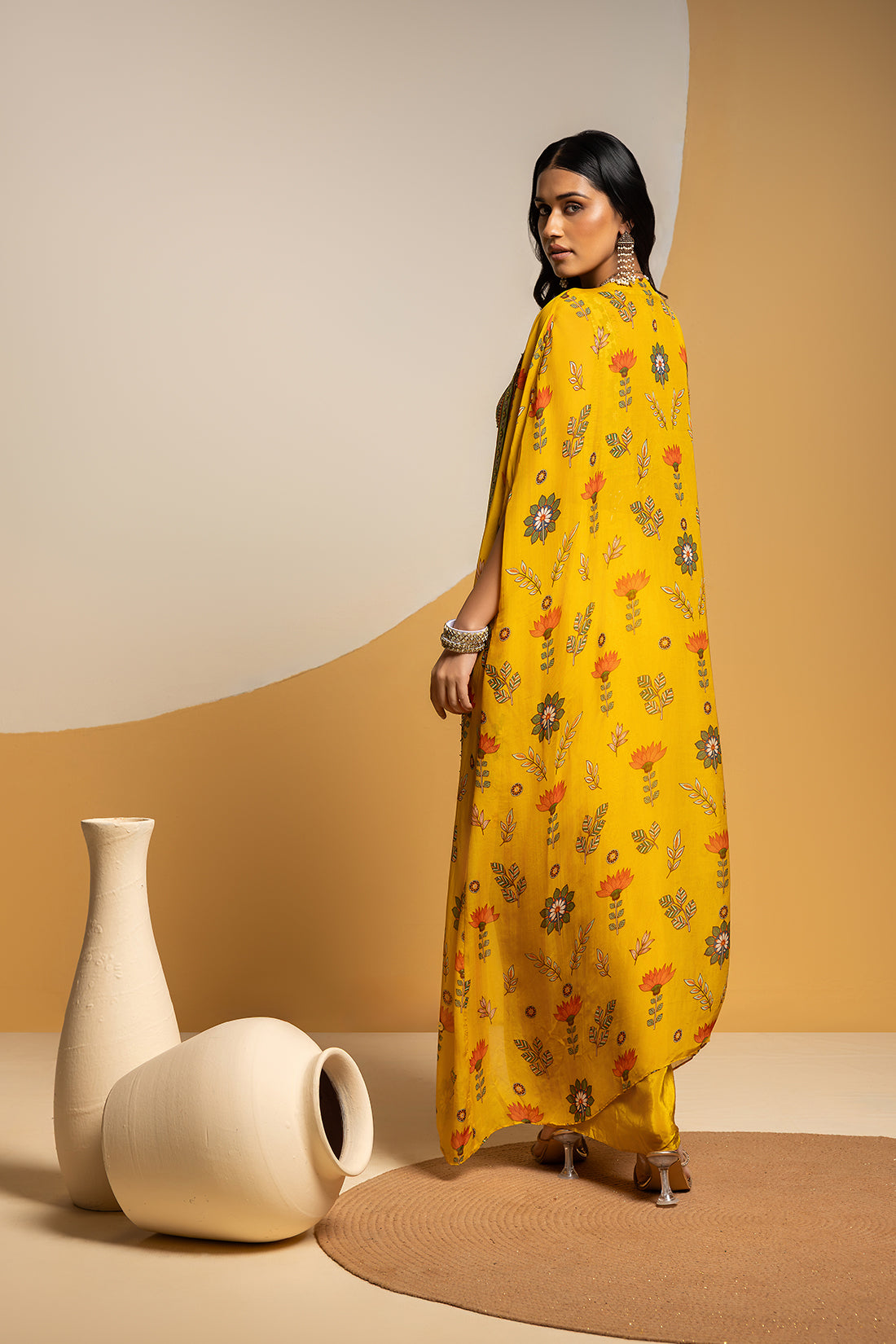 Taarani embellished  drape skirt  set with long cape