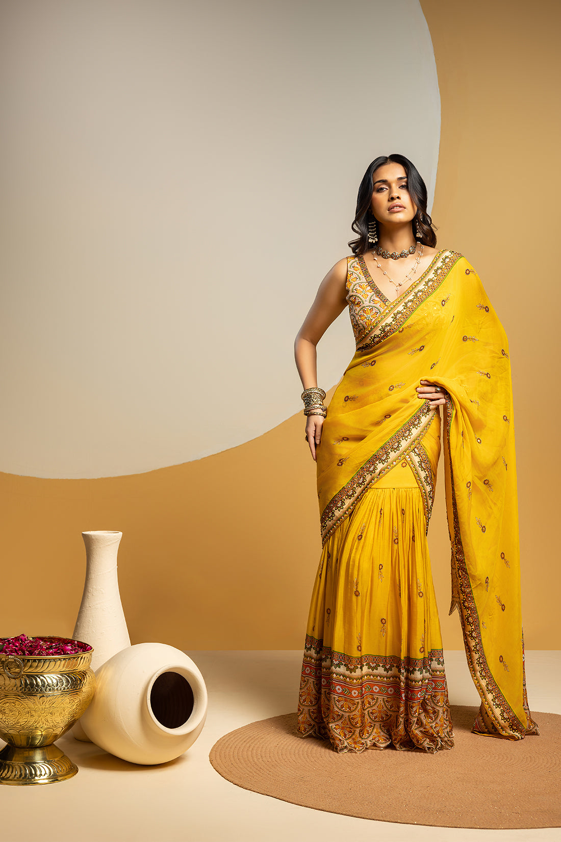 Taarani embellished pre-stitched saree set