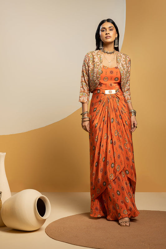 Taarani embellished long drape dress set