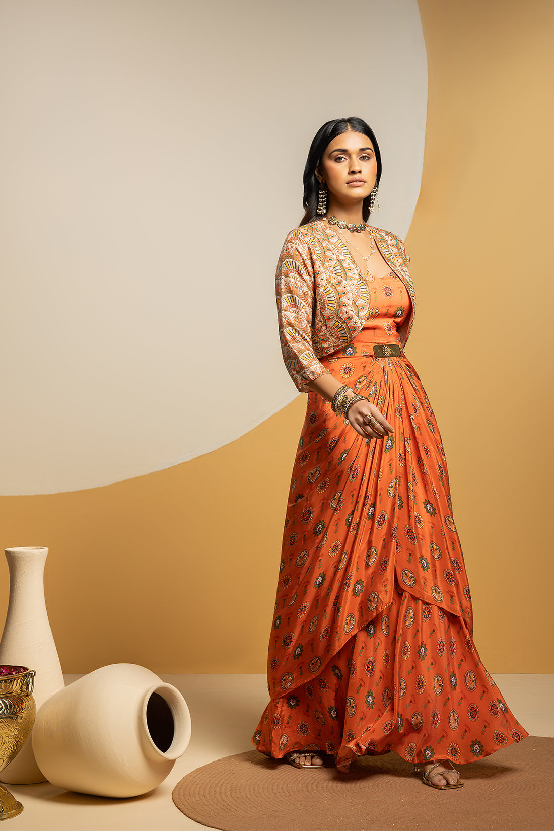 Taarani embellished long drape dress set