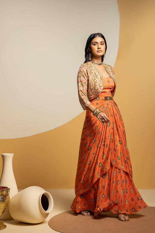 Taarani embellished long drape dress set