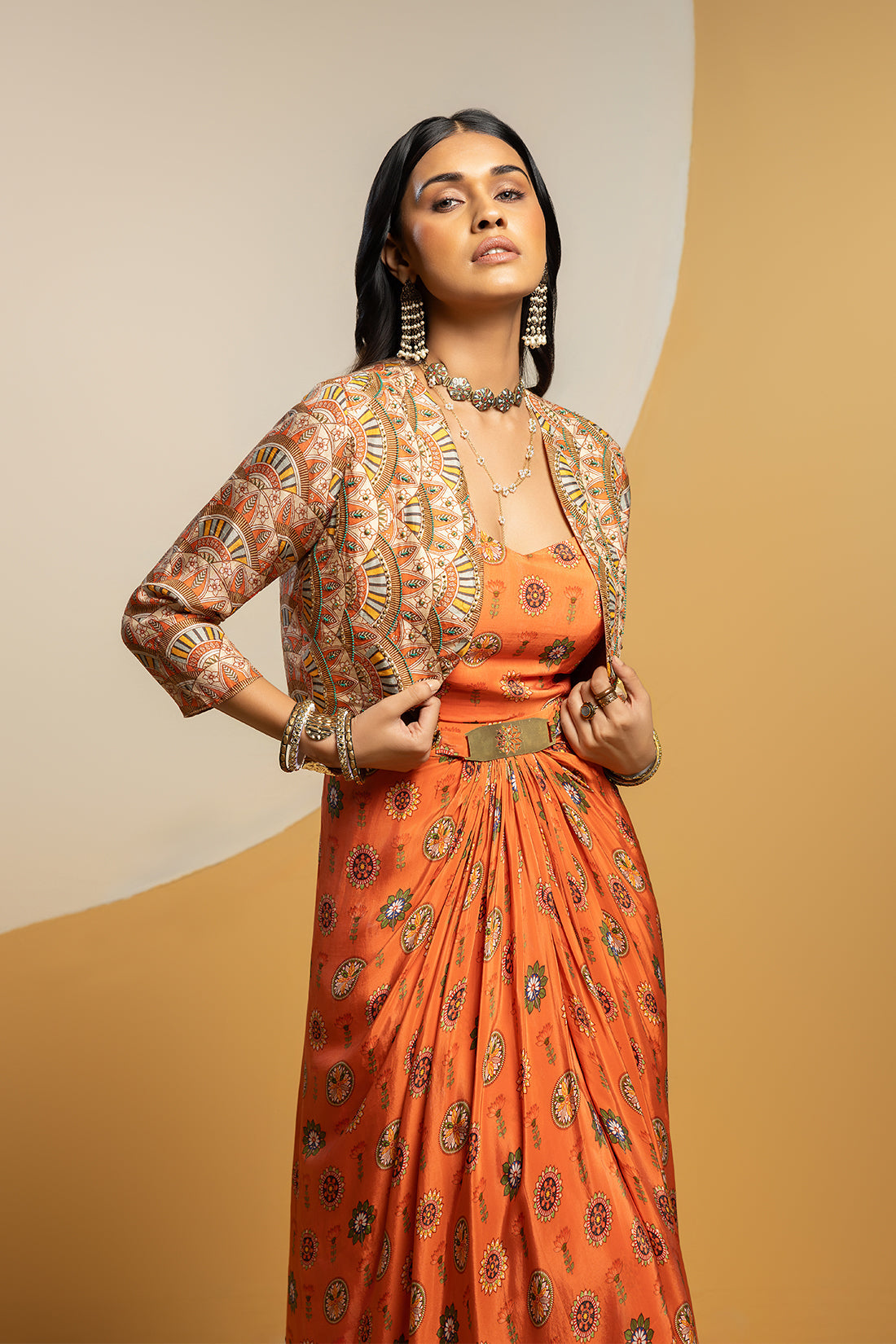 Taarani embellished long drape dress set