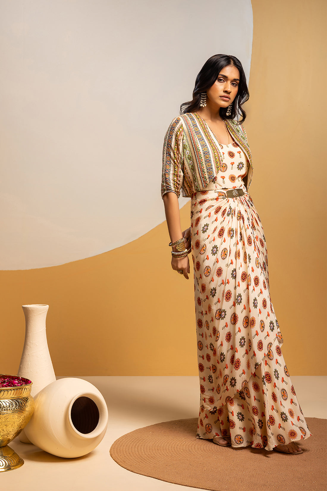 Taarani embellished long drape dress set