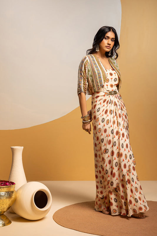 Taarani embellished long drape dress set