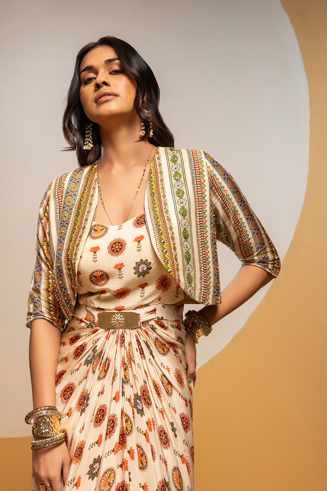 Taarani embellished long drape dress set