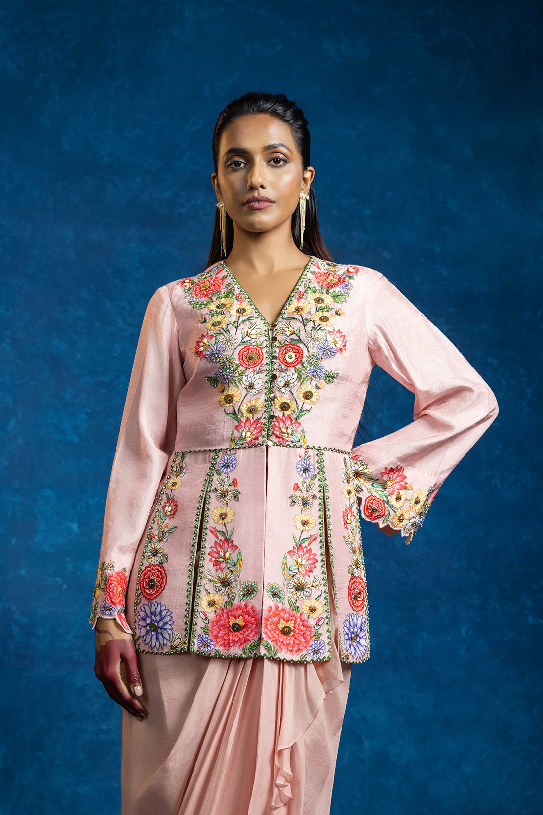 Baghira embellished panelled top with drape skirt