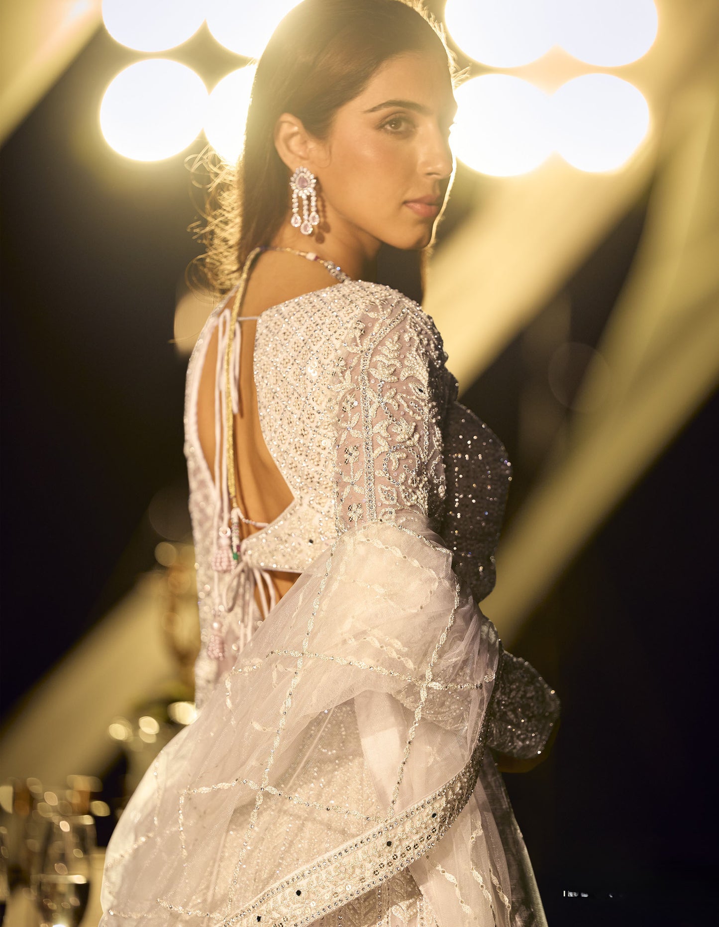 Off White Net Hand Embroidered & Beads Mirror Work Wedding Lehenga