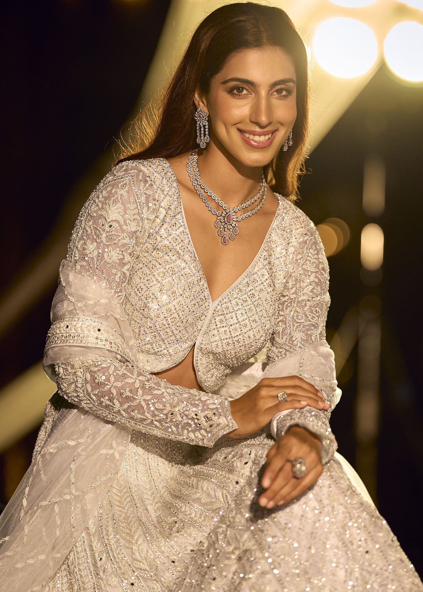 Off White Net Hand Embroidered & Beads Mirror Work Wedding Lehenga