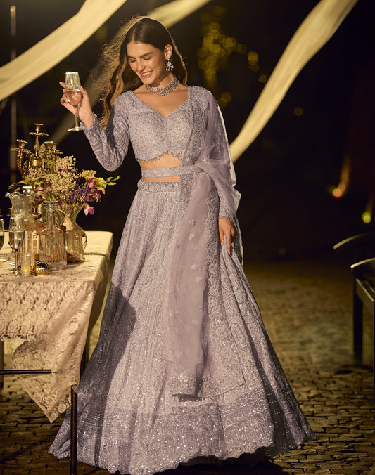 Lavender Net Hand Embroidered & Beads, Mirror Work Wedding Lehenga
