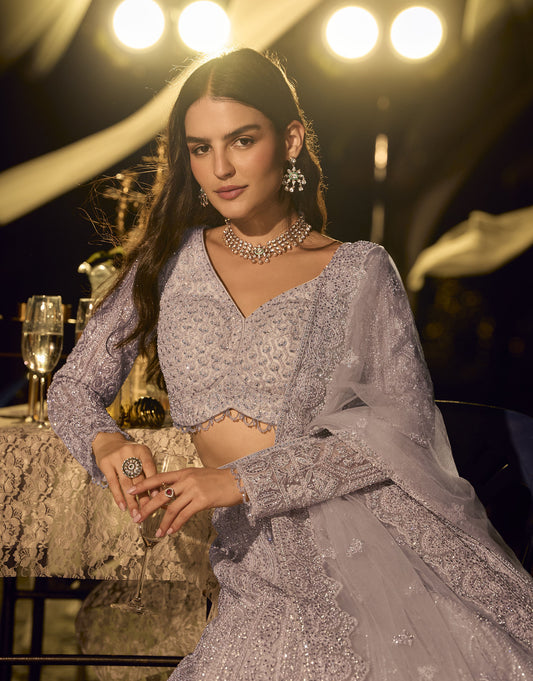 Lavender Net Hand Embroidered & Beads, Mirror Work Wedding Lehenga