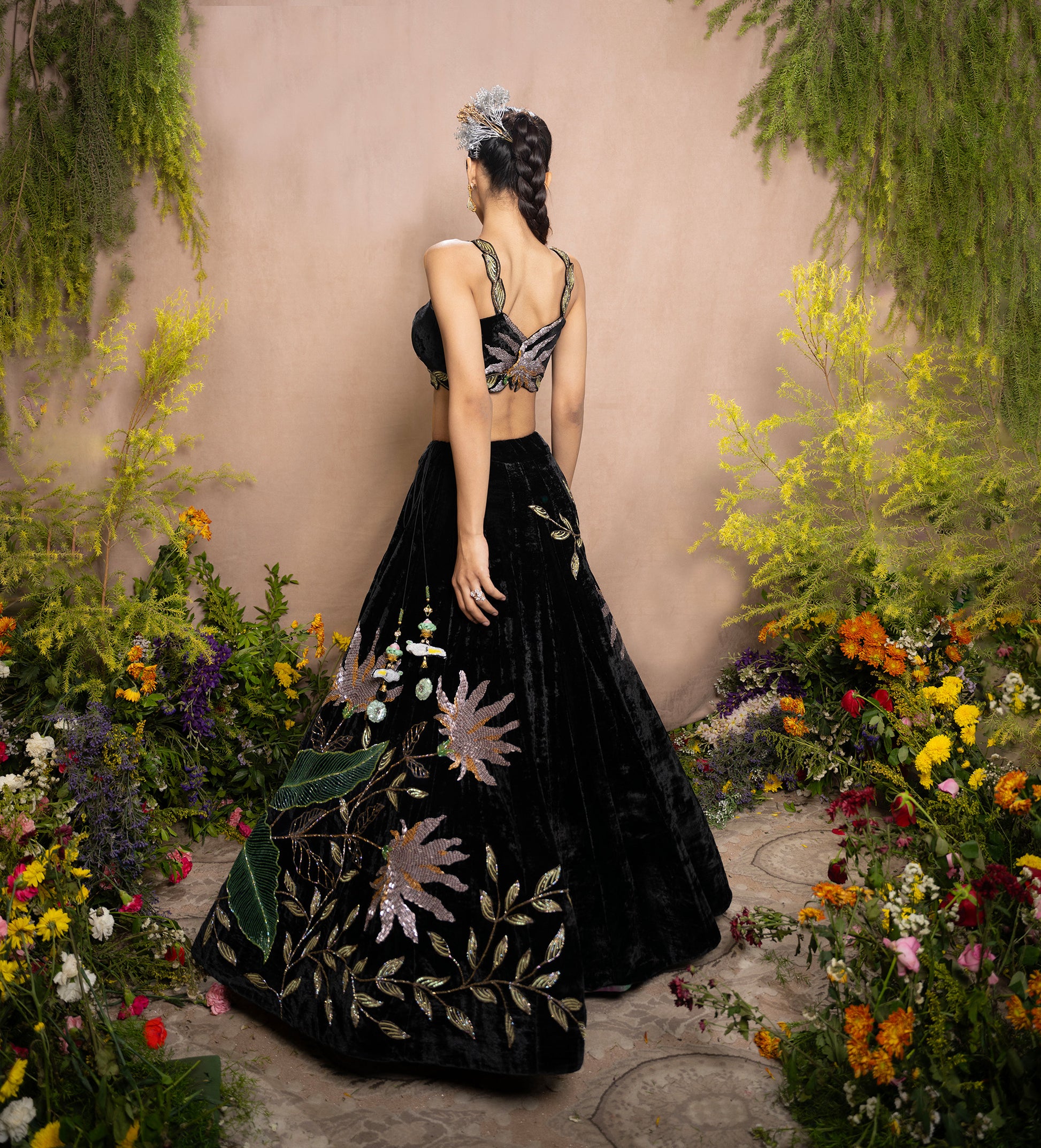 Designer Bridal Lehenga Black Black Velvet Sequins Embroidered