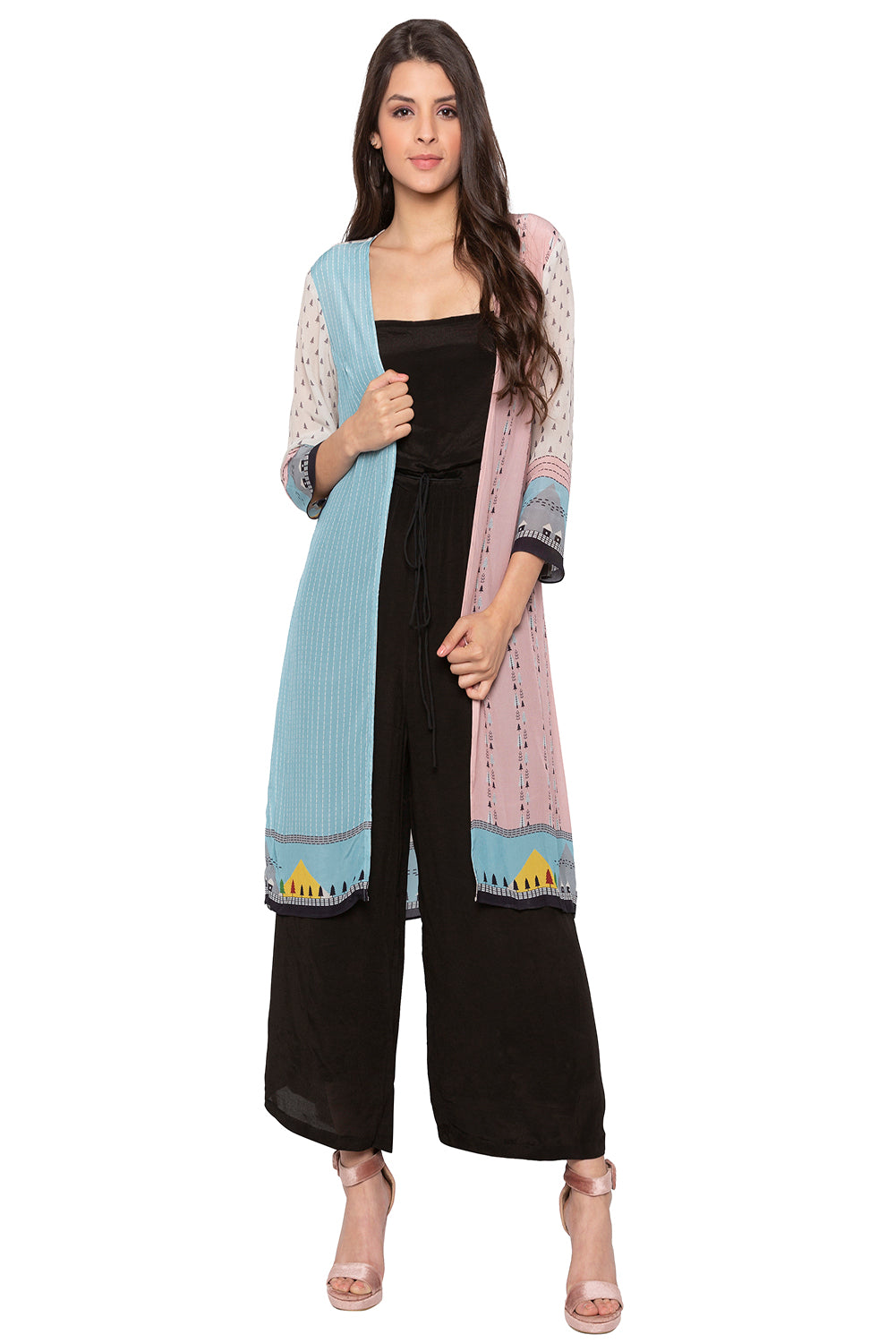 Tree Printed Jacket Paired With Plain Jumpsuit