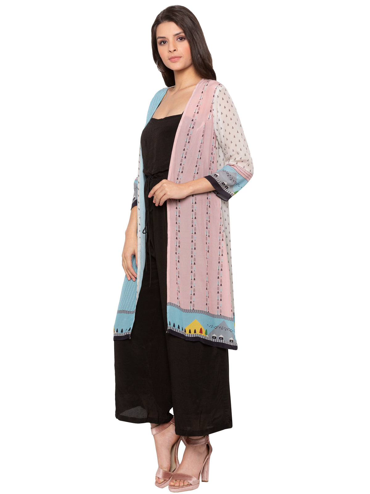 Tree Printed Jacket Paired With Plain Jumpsuit