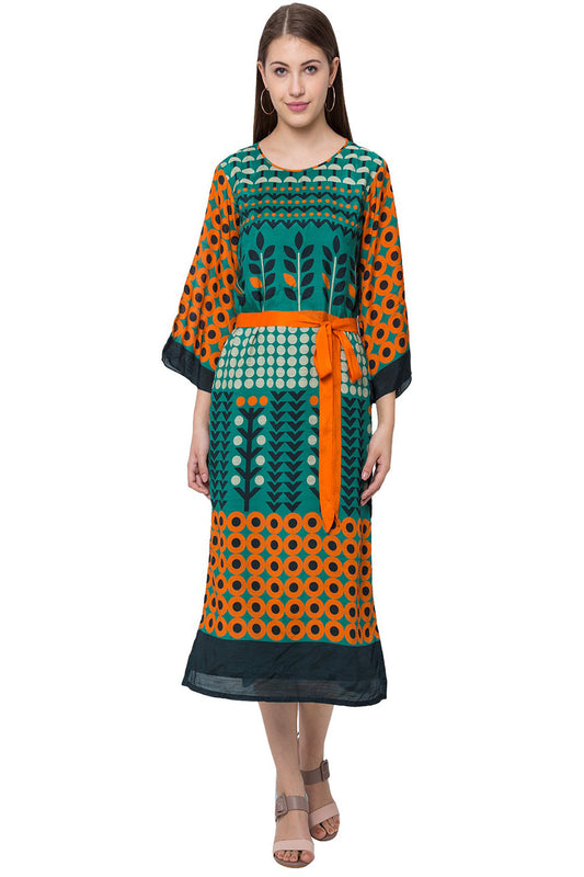 Tree Print Dress With Printed Belt