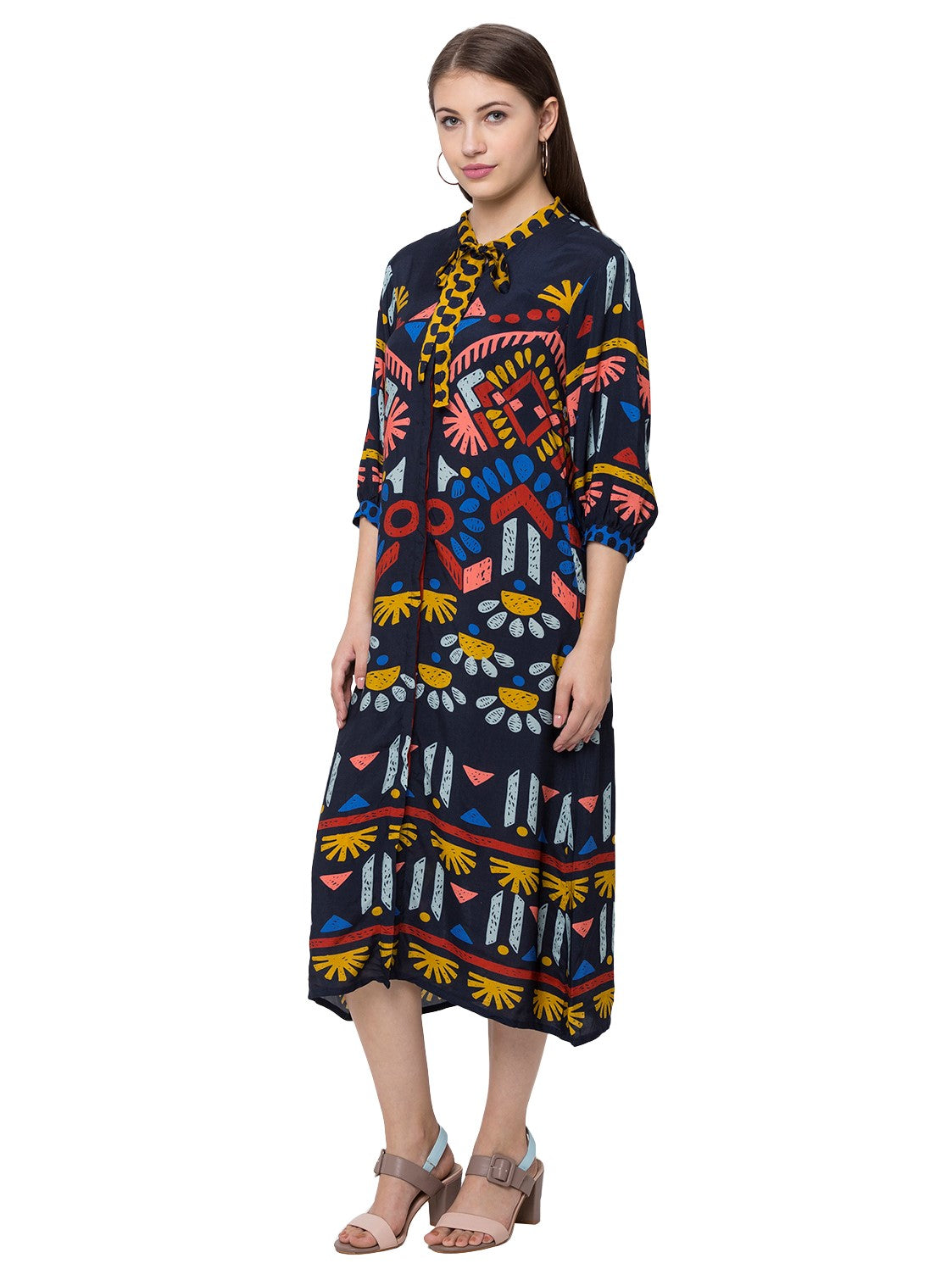 Abstract Floral Printed Dress With Neck And Sleeves Tie Up