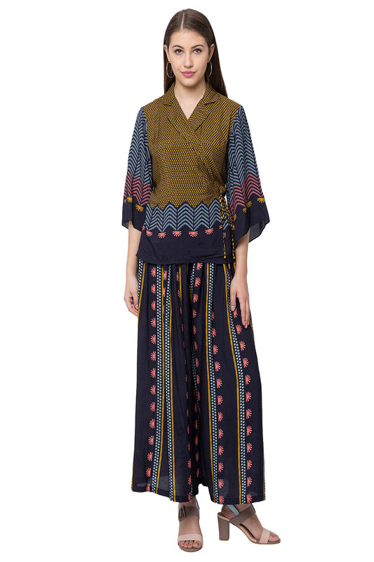 Floral Printed Palazzo Pants With Printed Overlap Top