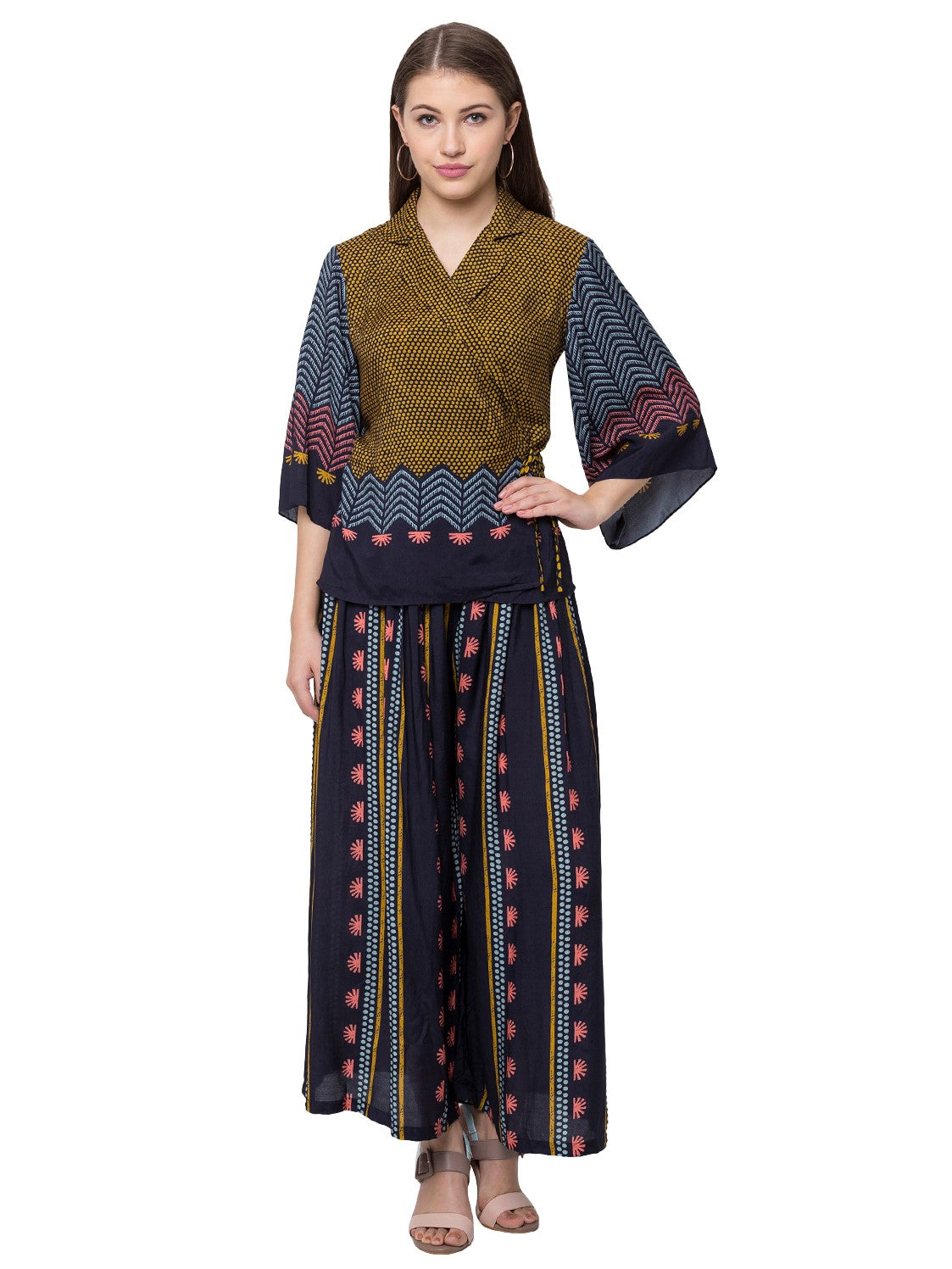 Floral Printed Palazzo Pants With Printed Overlap Top