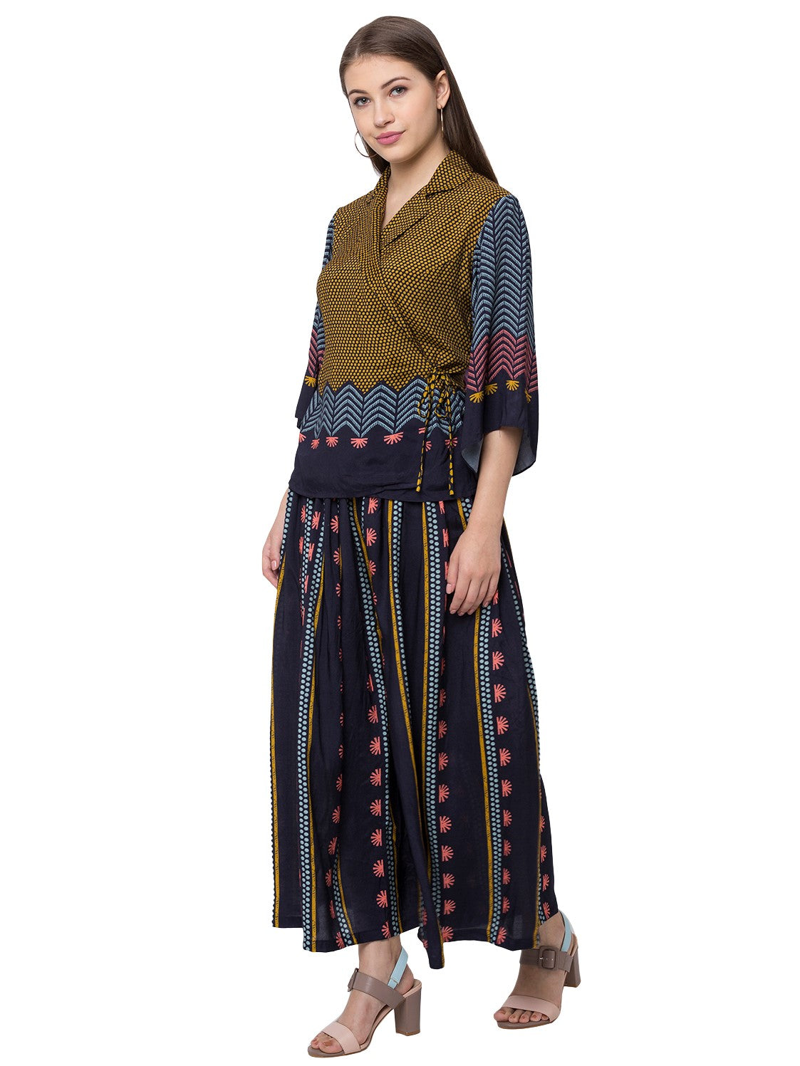 Floral Printed Palazzo Pants With Printed Overlap Top