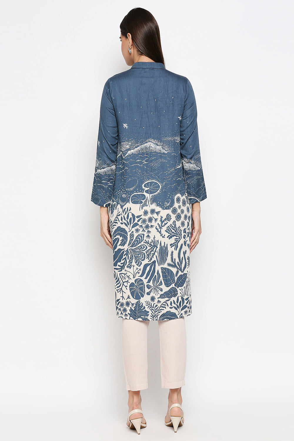 Floral Printed Cotton Twill Top Paired With  Straight Pants