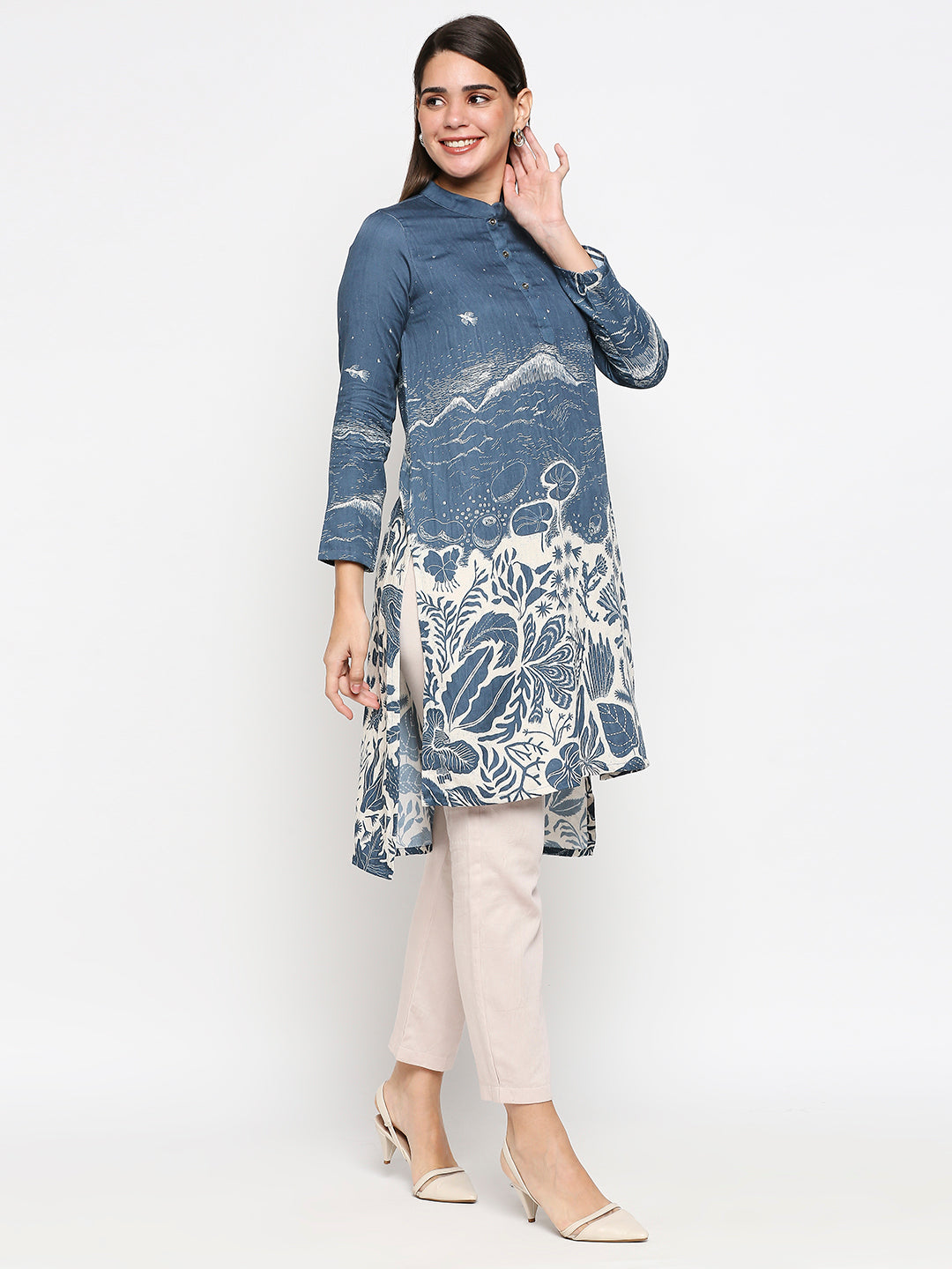 Floral Printed Cotton Twill Top Paired With  Straight Pants