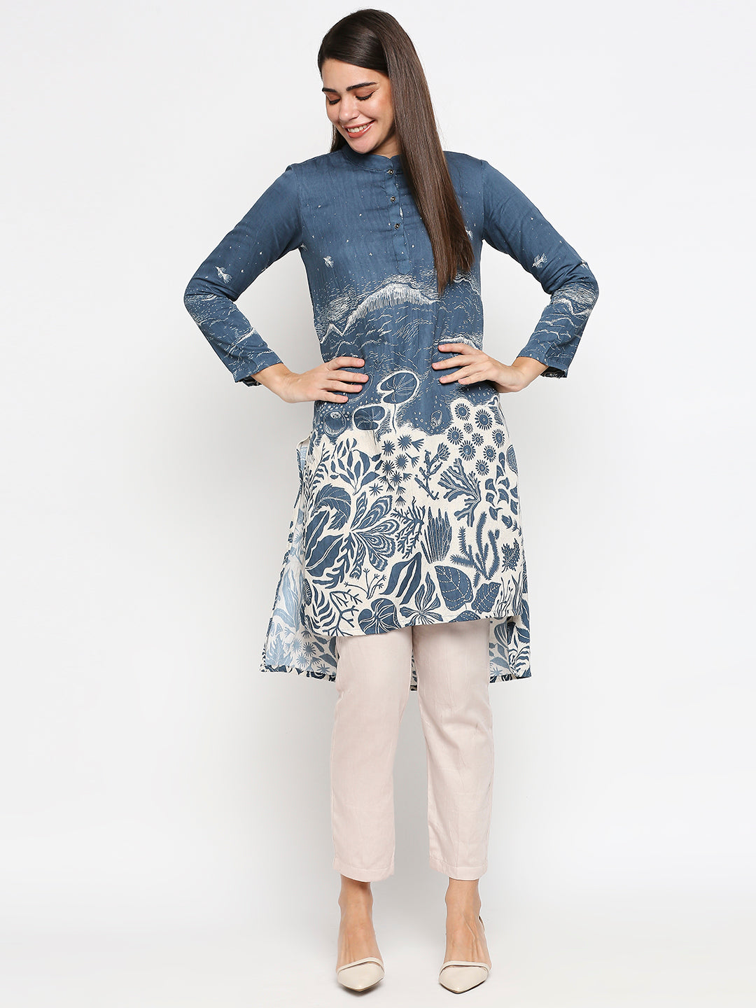 Floral Printed Cotton Twill Top Paired With  Straight Pants