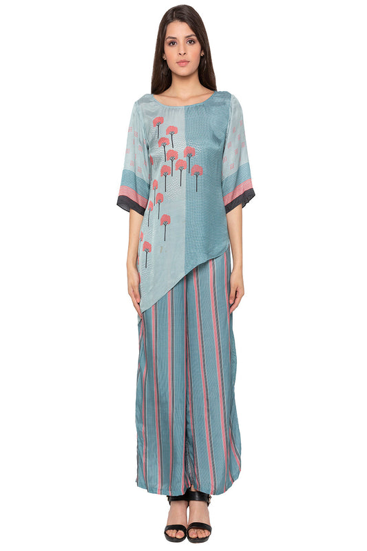 Tree Printed Asymetrical Top With Striped Pants