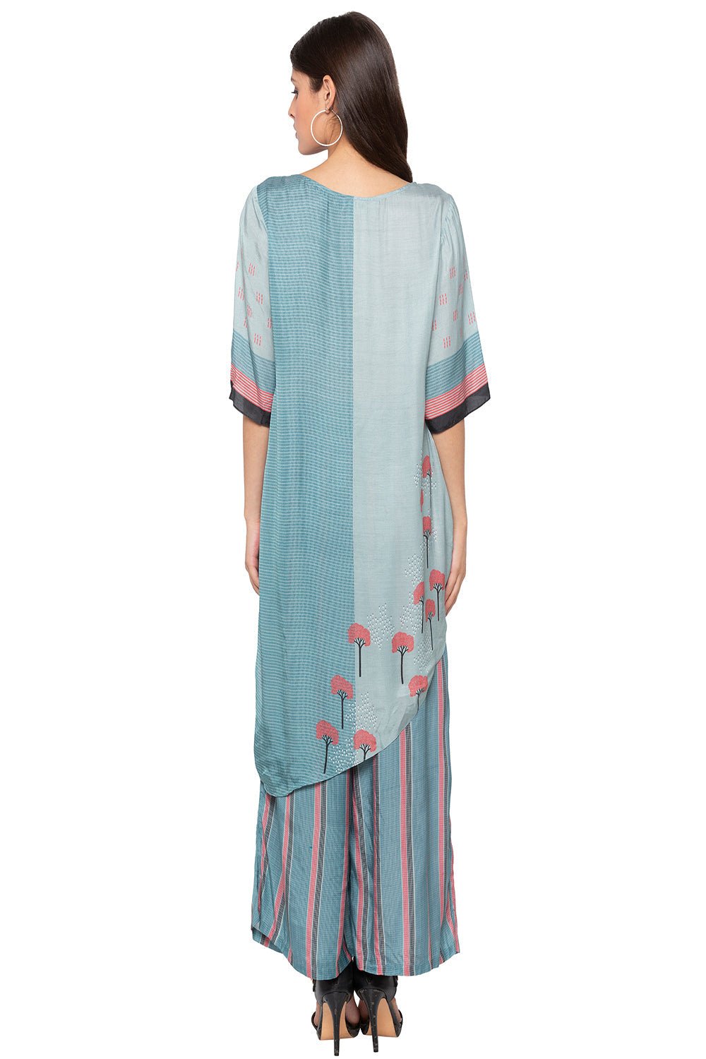 Tree Printed Asymetrical Top With Striped Pants