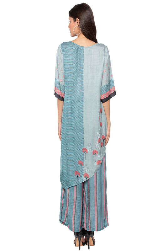 Tree Printed Asymetrical Top With Striped Pants