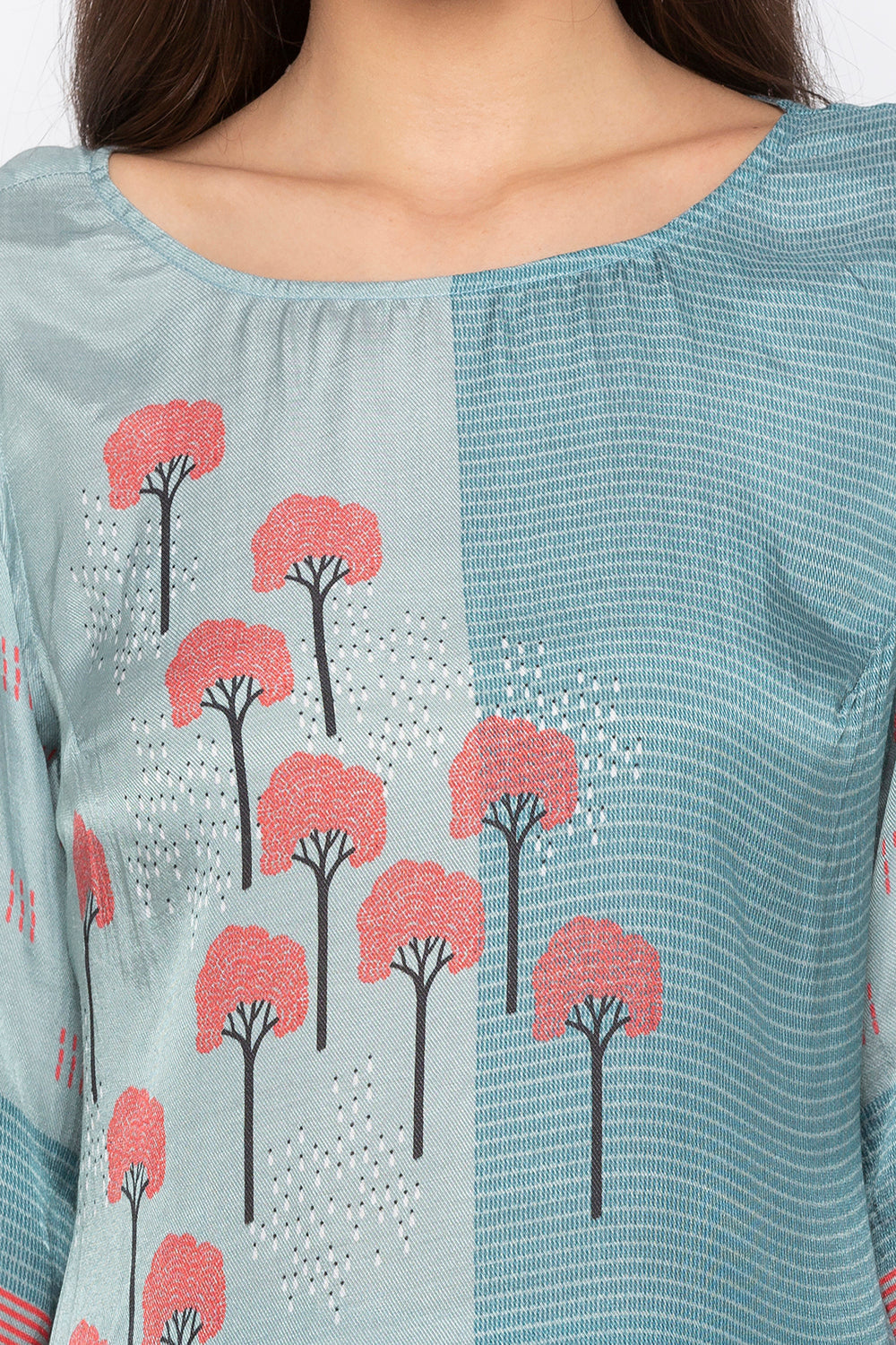 Tree Printed Asymetrical Top With Striped Pants