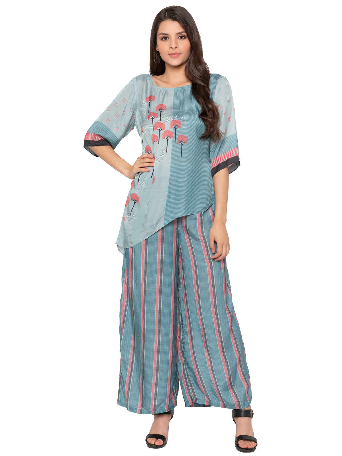 Tree Printed Asymetrical Top With Striped Pants