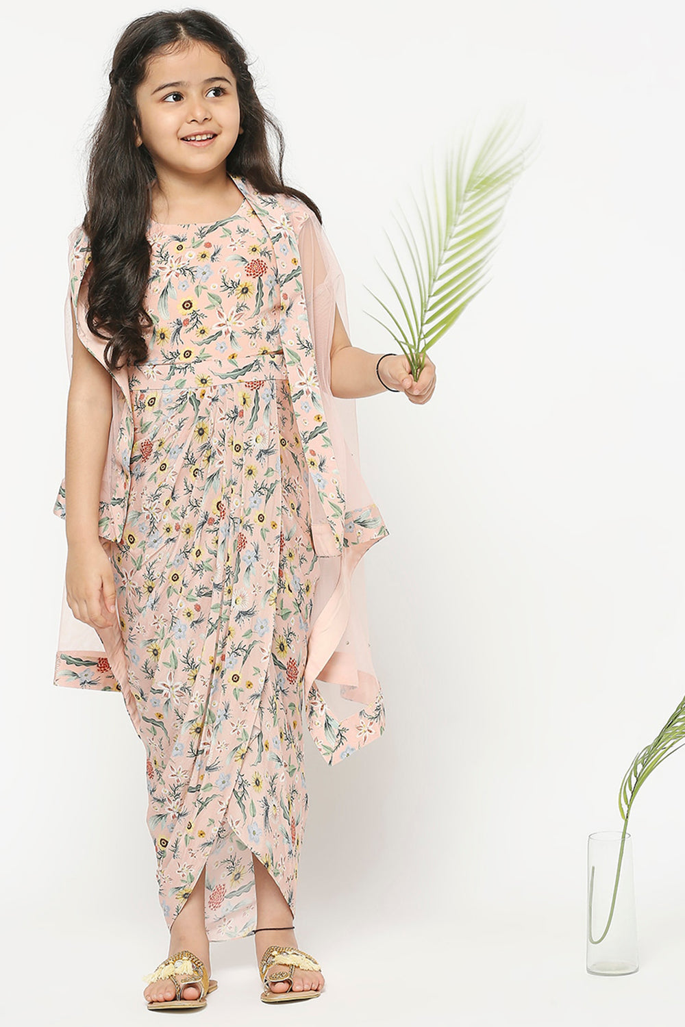 Gulista Pastel Pink Floral Printed Drape Dress With Net Cape