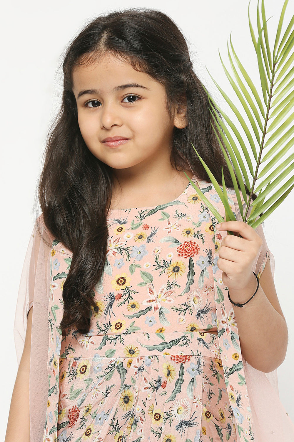 Gulista Pastel Pink Floral Printed Drape Dress With Net Cape