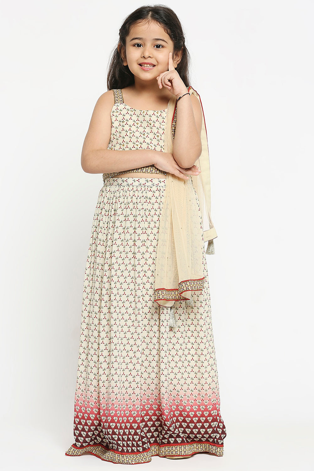 Applique Geometric Printed Lehenga Paired With Crop Top And Net Dupatta