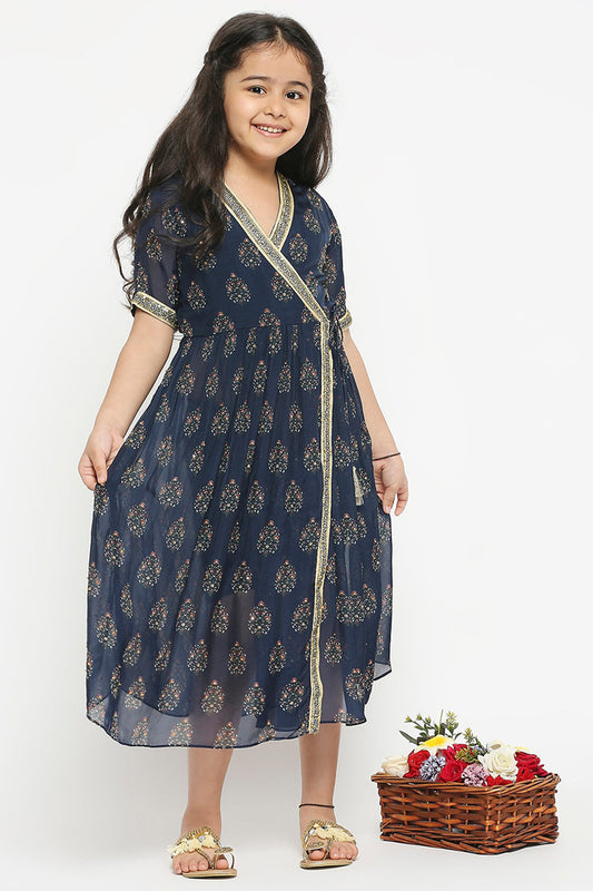 Muasir Printed Overlap Dress With Tie Ups