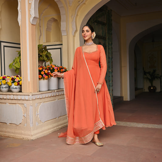 Coral Handwork Georgette Anarkali Set