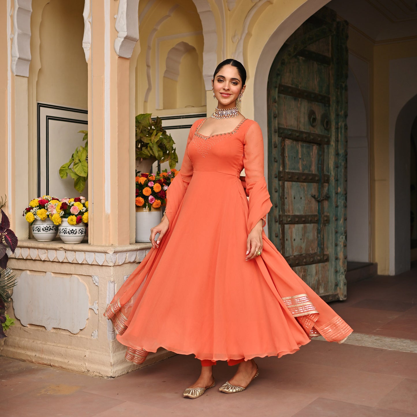 Coral Handwork Georgette Anarkali Set
