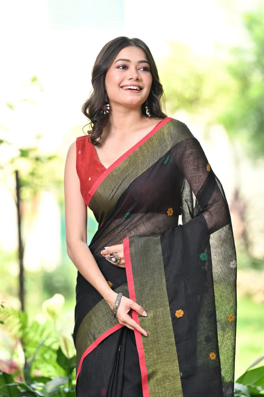 Handloom Black Pure Linen Zari Jamdani Saree